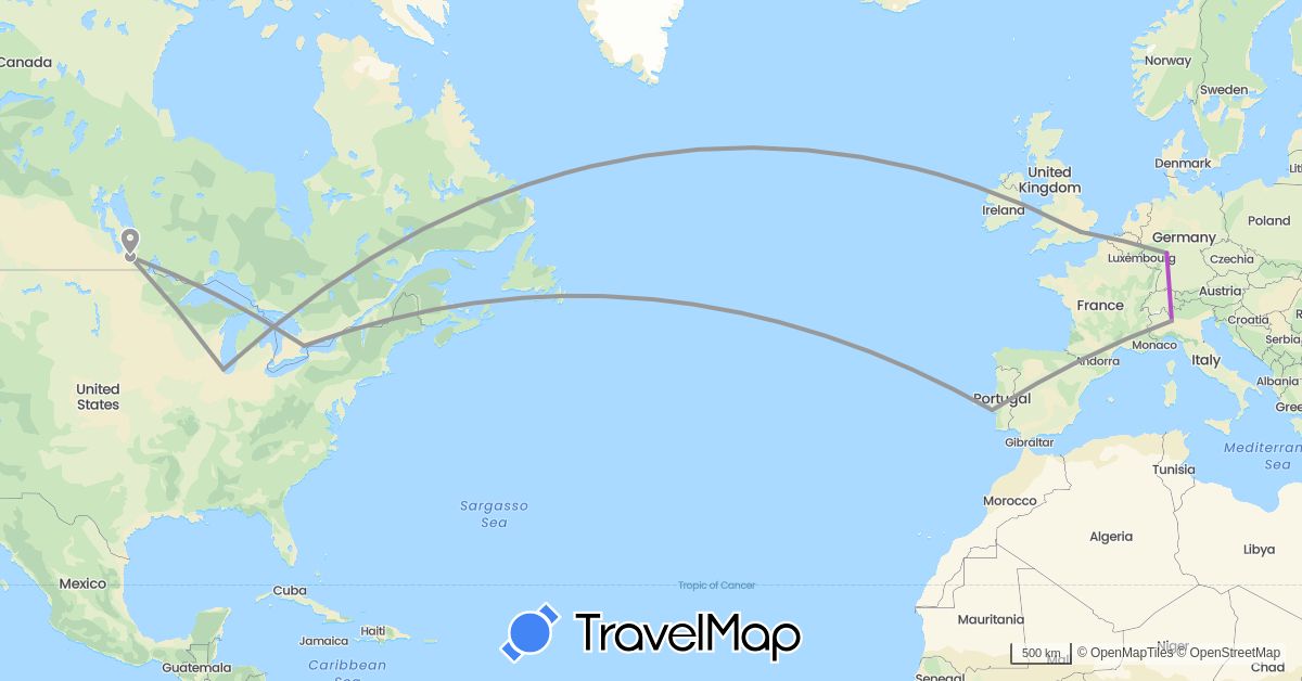 TravelMap itinerary: driving, plane, train in Canada, Germany, United Kingdom, Italy, Portugal, United States (Europe, North America)